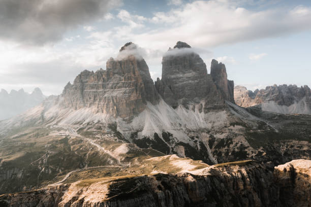 Tre Cime di Lavaredo of Drei Zinnen (Three Peaks of Lavaredo) mountains in the Dolomites during springtime in Veneto, Italy