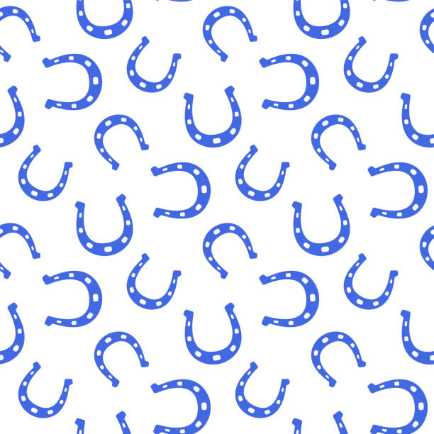 ilustraciones, imágenes clip art, dibujos animados e iconos de stock de pequeña herradura azul aislada sobre fondo blanco. lindo patrón monocromo sin costuras. ilustración gráfica plana simple vectorial. textura. - horseshoe seamless backgrounds vector
