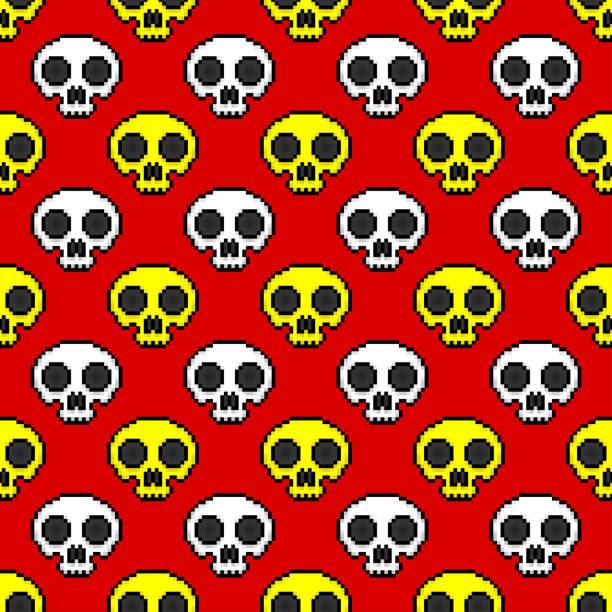 ilustrações de stock, clip art, desenhos animados e ícones de small pixel white and yellow skulls isolated on red background. cute seamless pattern. vector simple flat graphic illustration. texture. - pop art skull backgrounds pattern