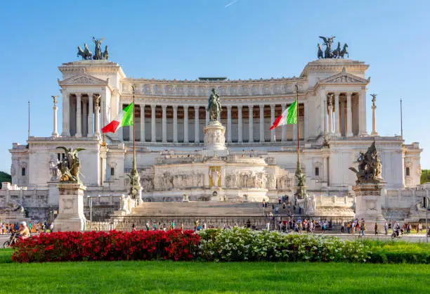 Photo of Vittorio Emmanuel II statue and Vittoriano monument on Venice square in Rome, Italy