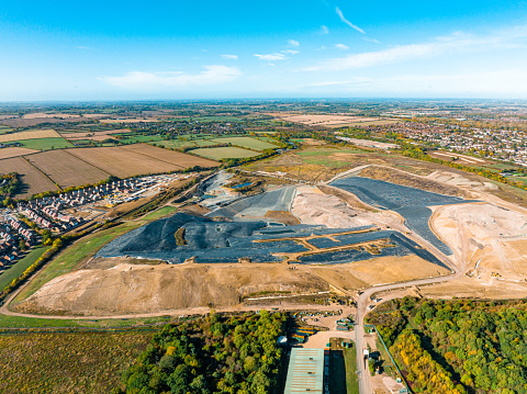 Landfill at a country side. Aerial view of a crowded ash dump