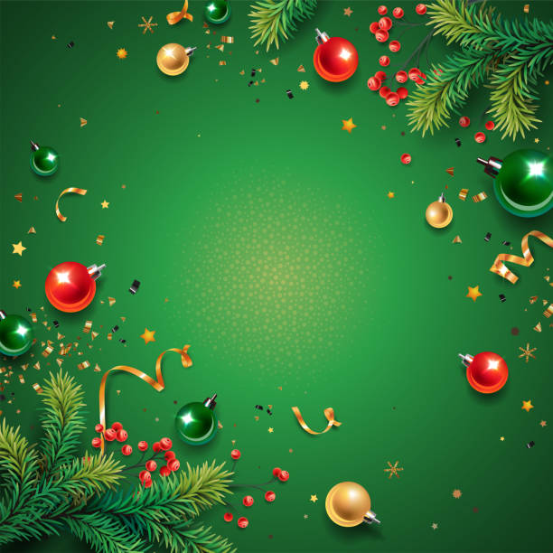 Horizontal banner with gold and red Christmas symbols and text. Christmas tree, balls, golden tinsel confetti and snowflakes on green background. Header for website template. red frame stock illustrations