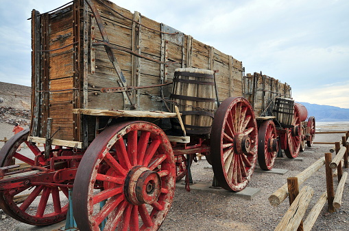 A restored 20-mule-team wagon once used to haul borax from the Harmony Borax Works in California's Death Valley