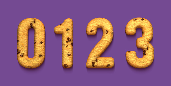 set of 3d numbers made of biscuit, rendering, one, two, three, zero