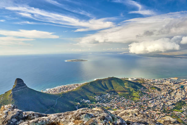 Aerial view of Cape Town (and Sea Point), Lionâs Head and Signal Hill.  View from Table Mountain, South Africa stock photo