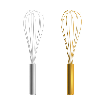 Vector Realistic 3D Metal Wire Whisk Icon Set Closeup Isolated. Cooking Utensil, Egg Beater, Culinary Air Whisk for Mixing and Whipping. Design Template, Mockup, Clipart for Bakery.