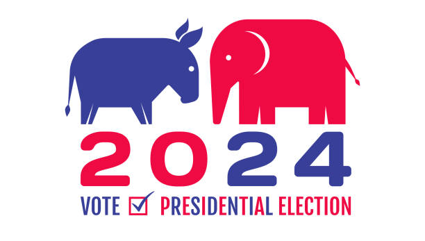 Vector vintage banner for 2024 presidential election in USA. Vector illustration of donkey and elephant. Vector vintage banner for 2024 presidential election in USA. Vector illustration of donkey and elephant. Vote 2024 democratic party logo stock illustrations