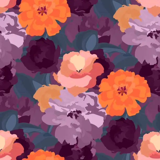Vector illustration of Illustration with burgundy, violet, purple, orange color garden flowers.