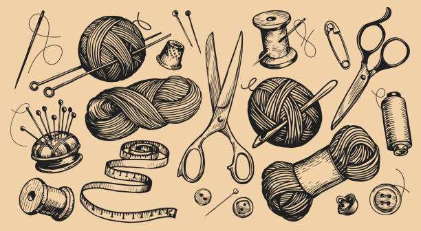 ilustrações de stock, clip art, desenhos animados e ícones de knitting concept set items. clew and knitting needles, wool yarn, tailor scissors, needle, thread. vintage sketch vector - sewing thread tailor needle