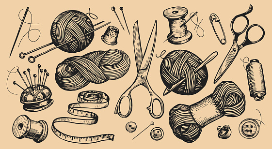 Knitting concept set items. Clew and knitting needles, wool yarn, tailor scissors, needle, thread. Vintage sketch vector