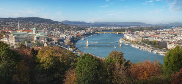 Aerial view of the Liberty Bridge and Danube River in Budapest, Forward Drone Shot Over the Liberty Bridge in Budapest, the Capital of Hungary Liberty Bridge or Freedom Bridge in Budapest, Hungary, connects Buda and Pest across the River Danube. It is the third southernmost public road bridge in Budapest, located at the southern end of the City Centre.