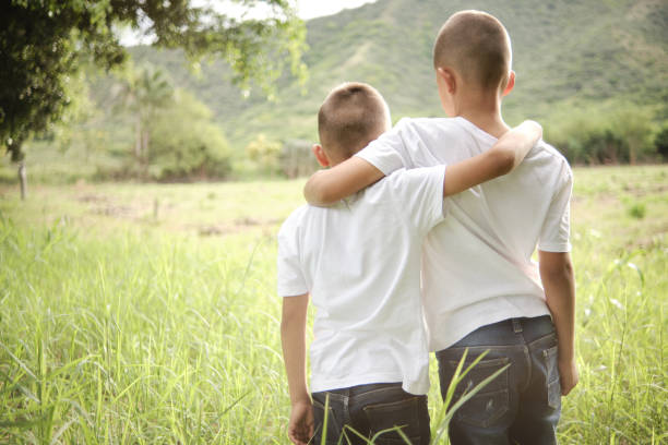 two children hugging each other looking at the green field at sunset