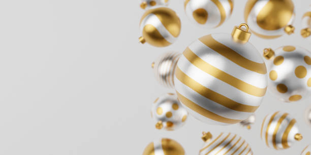 istock Falling luxury golden 3d christmas ball with pattern on white background. 3d rendering Happy New Year Luxury background with golden and white bauble ball 1434543403