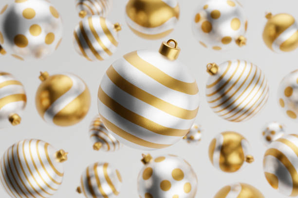 istock Falling luxury golden 3d christmas ball with pattern on white background. 3d rendering Happy New Year Luxury background with golden and white bauble ball 1434543405