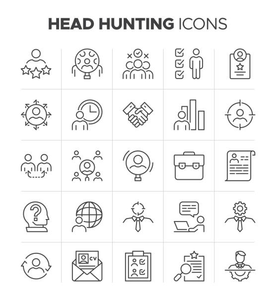 Head Hunting icon set. Headhunter Jobs, Recruitment symbol collection. Career, Employment, Seeking and more vector Business head hunting icon set. Editable stroke and pixel perfect 32x32 headhunter jobs, recruitment, career, employment, seeking and more symbol vector. Outline set of hiring process related illustration. recruitment agency stock illustrations