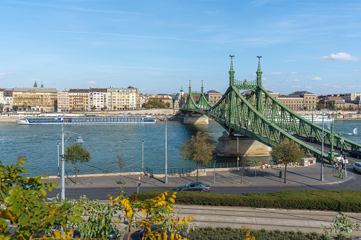 Budapest, Hungary - Oct 20, 2019: Liberty Bridge and Danube River - Budapest, Hungary