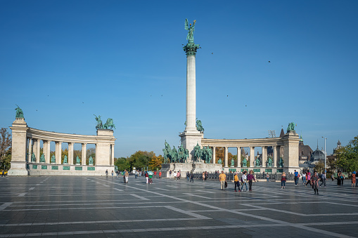 Budapest, Hungary - Oct 22, 2019: \nMillennium Monument at Heroes Square - Budapest, Hungary