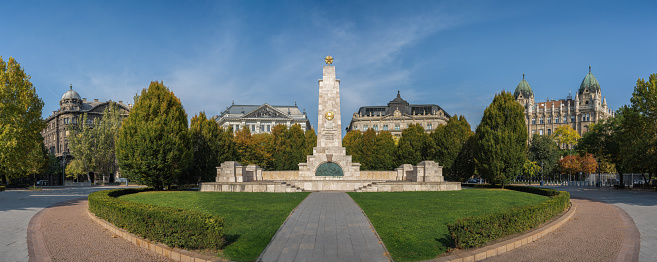 Budapest, Hungary - Oct 18, 2019: Panoramic view of Liberty Square with Soviet War Memorial and buildings - Budapest, Hungary