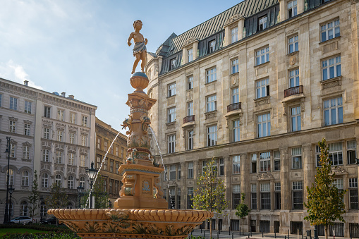 Budapest, Hungary - Oct 18, 2019: Zsolnay Fountain at Jozsef Nador Square created by Zsolnay in 2019 - Budapest, Hungary