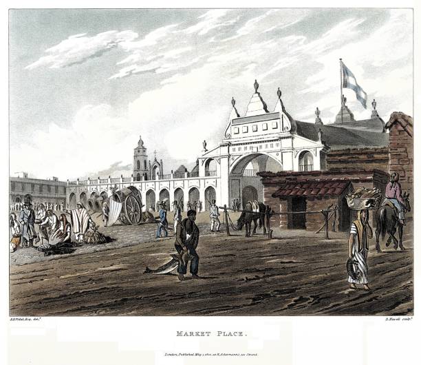 Market place in Buenos Aires, by Picturesque illustrations of Buenos Ayres and Monte Video 1820. This view is taken from the north corner of the market, which is internally surrounded by a gallery, with stores inside on each side. The south facade is a row of taverns, and fruit and vegetables are sold in front of it, to the east is the meat market, butchers and fish carts. And a double line from the south corner to the north corner is for the merchants of poultry, eggs, etc. Two vendors are seen in the foreground, with their wares: partridges and armadillos (which have delicious tasting meat). The ladies never go to the market, that job is left for a trusted slave. slave market stock illustrations