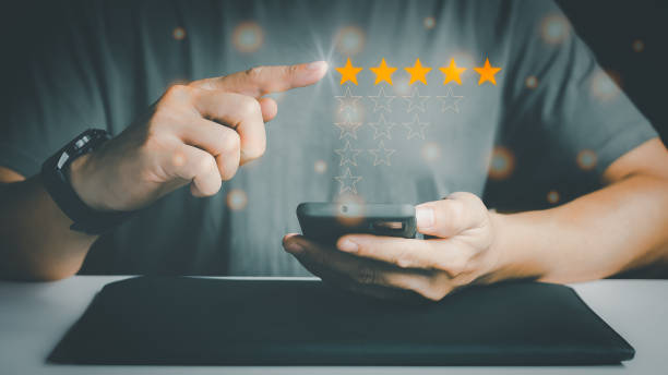 istock Customer Experience Concept, Best Excellent Services Rating for Satisfaction present by Hand of Client pressing Five Star 1434549945