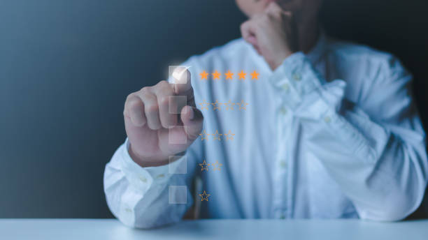 istock Man give rating five star on check box, satisfaction concept marketing. 1434549970