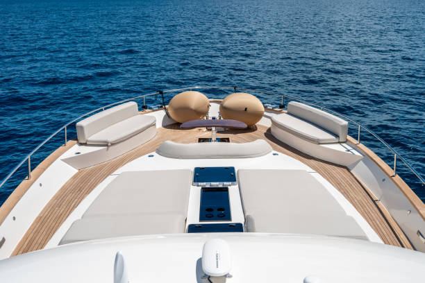istock Front deck of impressive yacht, rippled sea surface in background 1434556156