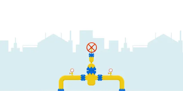 Vector illustration of Gas pipeline construction with city skyscraper background.