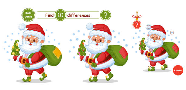 ilustraciones, imágenes clip art, dibujos animados e iconos de stock de lindo personaje de santa claus, encuentra 10 diferencias rompecabezas educación niños juego. coincidencia de búsqueda. abuelo con árbol de navidad, bolsa de regalos de año nuevo navideño. tarea lógica preescolar para niños. vector de dibujos animad - christmas tree family winter art