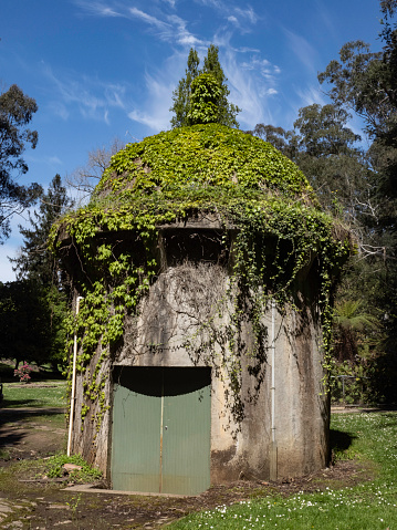 Building with round roof covered in ivy