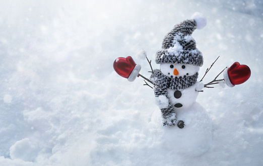 Happy snowman, dressed in warm clothes, red mittens, hat and scarf, stands on the snow