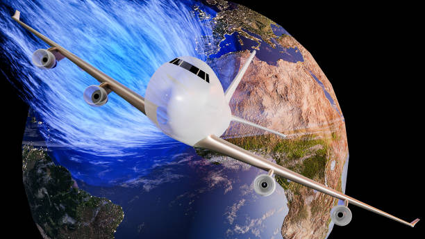 istock Planet Earth At Night Global Connections with plane blue star 1434573000