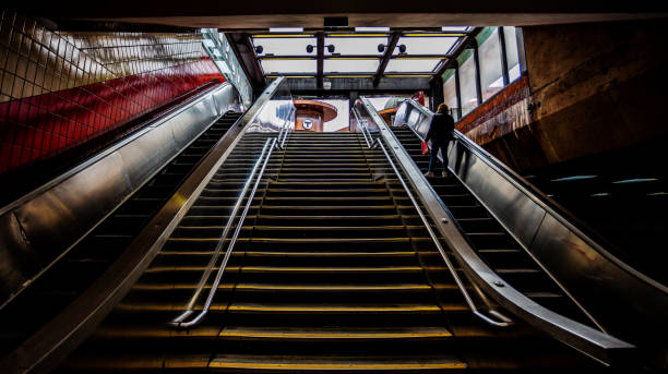 view up the stairs and escalators of the harvard square red line subway and bus station -  cambridge massachusetts - train boston bus subway station imagens e fotografias de stock
