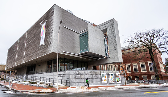 Cambridge, Massachusetts, USA - February 8, 2022: The Harvard Art Museums are comprised of three separate museums, the Fogg Museum, Busch-Reisinger Museum, and Arthur M. Sackler Museum, each with a different history, collection, guiding philosophy, and identity. View from Broadway Street.
