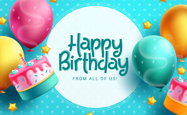 projekt szablonu wektorowego tekstu urodzinowego. życzenia urodzinowe w przestrzeni koła do typografii z tortem i balonami dekoracja imprezy - urodziny stock illustrations
