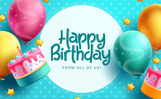 Happy birthday text vector template design. Birthday greeting in circle space for typography with cake and balloons party decoration elements in pattern background. Vector Illustration.