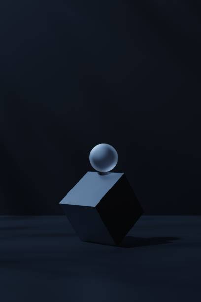 istock Vertical image of a glass sphere balancing on a cube on a black background, 3d render 1434579270