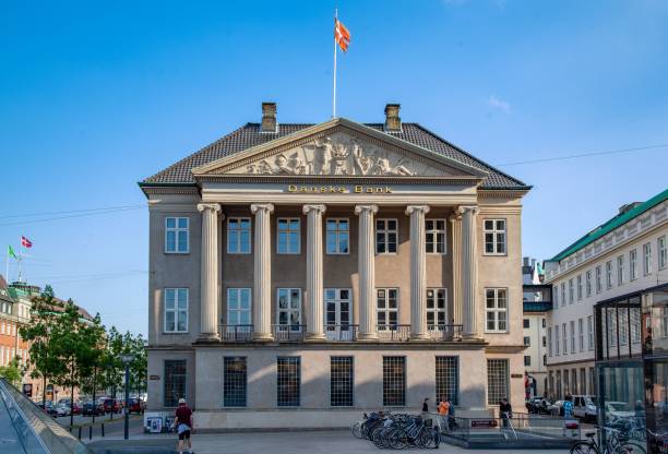 Copenhagen, Denmark – June 08, 2013: The Danske bank building facade with corinthian columns in Copenhagen, Denmark