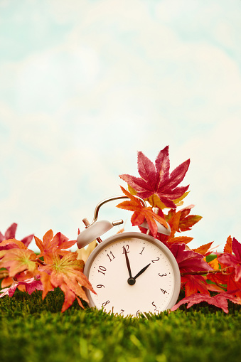 Gray clock in grass with maple leaves. Daylight savings time. Clocks fall back