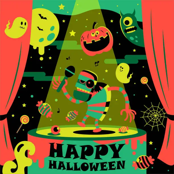 Vector illustration of The spooky Mummy host comes on stage with a microphone in his hand and says It’s Halloween Time