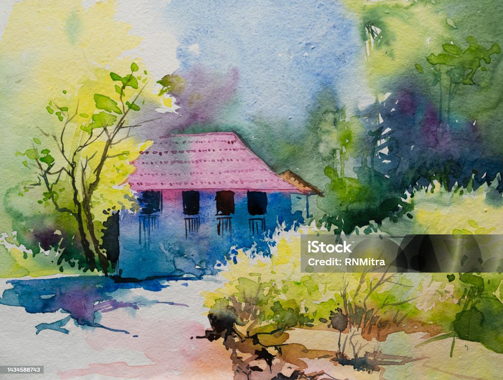 Beautiful Rural India Watercolor Painting With Village House And ...