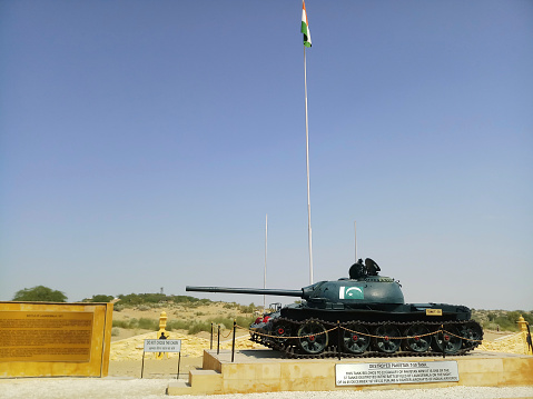 Laungewala, Thar desert, Rajasthan, India - 16th October 2019 : Indian army destroyed China made Pakistani T- 59 tank and kept at border . Battle of Laungewala won by Indian army against Pakistan.