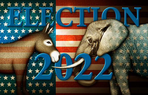 Election 2022 title with a Donkey and Elephant against a stars and stripes background.