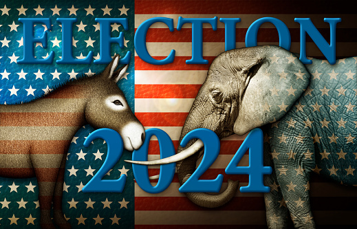 Election 2024 title with a Donkey and Elephant against a stars and stripes background.