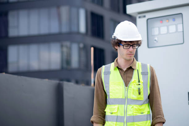 istock Portrait young caucasian man is architect planning and inspector project and scheme at construction site, engineer male working and examining for development real estate, industry concept. 1434591209