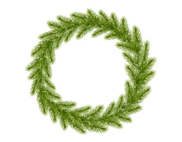 Vector illustration of Christmas wreath of realistic fir tree branches. Christmas tree branches frame for greeting New Year and Christmas cards, banners, invitations. Vector illustration