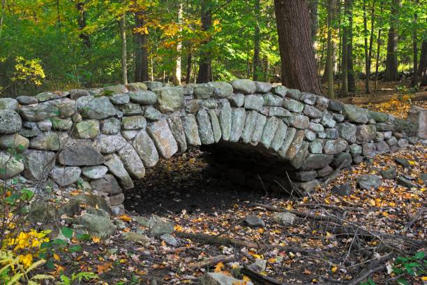 fieldstone arch bridge over dry creek bed in autumn colored woodlands - arch bridge imagens e fotografias de stock