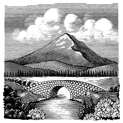 Hand drawn landscape illustration of a mountain view with old stone bridge, lake and  meandering river.  Illustration done in a vintage etched/woodcut style.