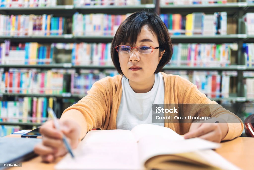 Women study in the library Adult Stock Photo