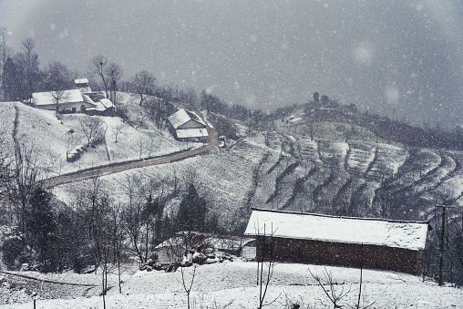 Scenery of mountain villages after snow